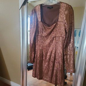 Intermix Hilary Rose Gold Metallic Sequin Dress Long Sleeve Square Neck